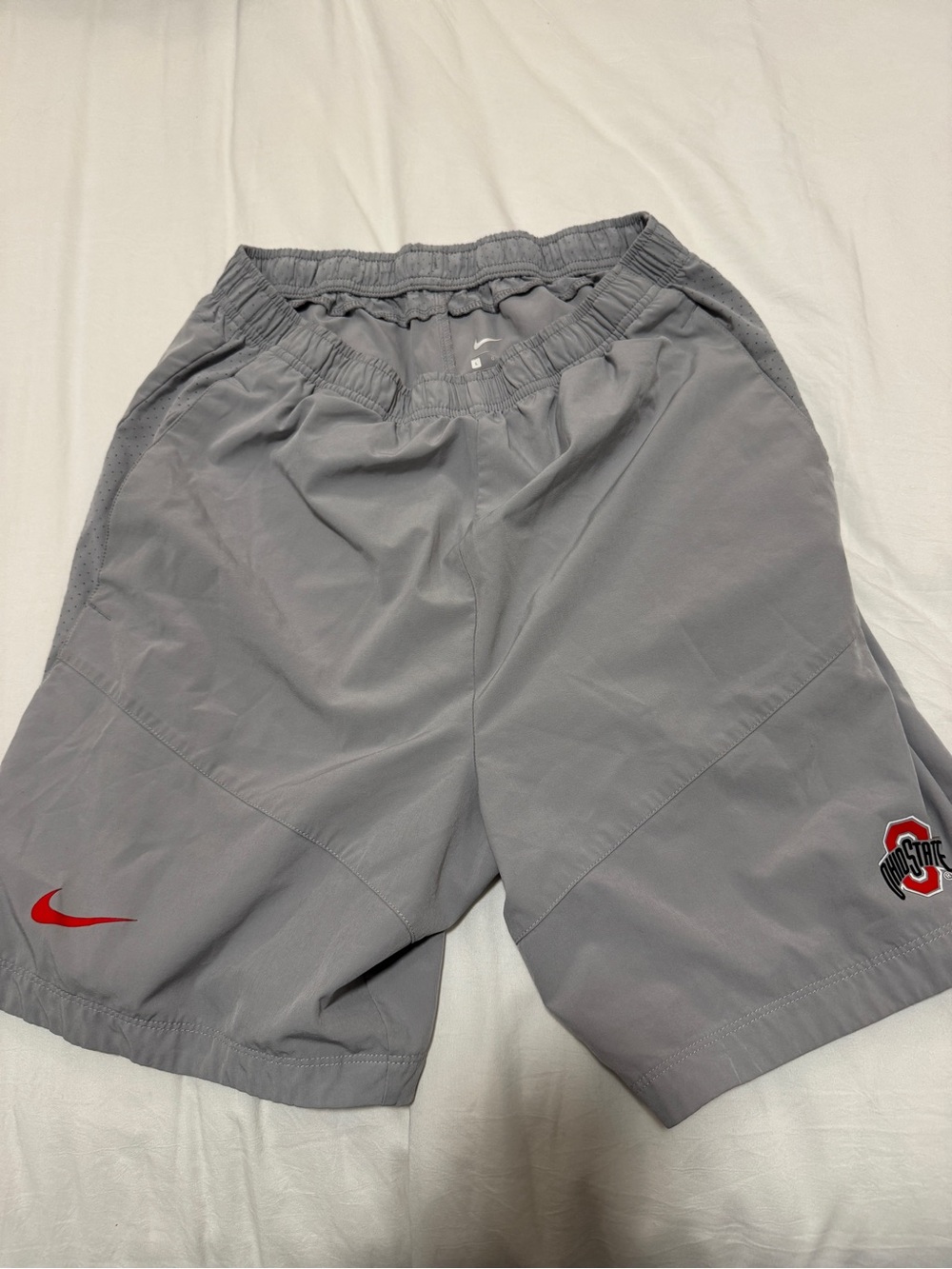 Nike Men’s Gray Athletic Shorts with Red Swoosh and Ohio State Patch